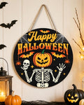 Halloween Wooden Door Sign - Skeleton Pumpkin Spooky Holiday Decor 12x12 Inches