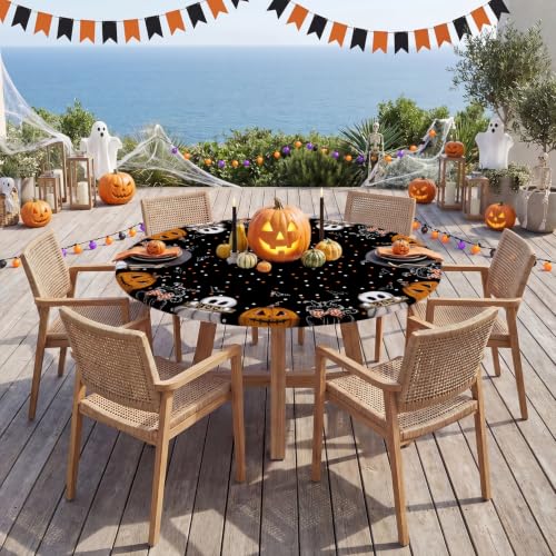 Halloween Fitted Tablecloth for 45-56 Inch Round Tables - Ghost Bunny, Black, 56 Inch