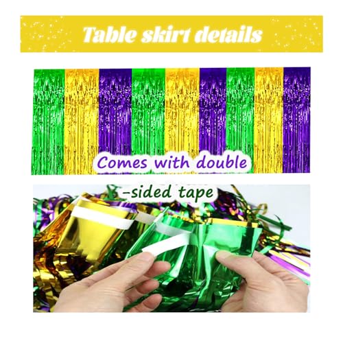 29.5x72 Inch Mardi Gras Metallic Foil Fringe Table Skirts - Green, Gold, Purple, 2 Pack