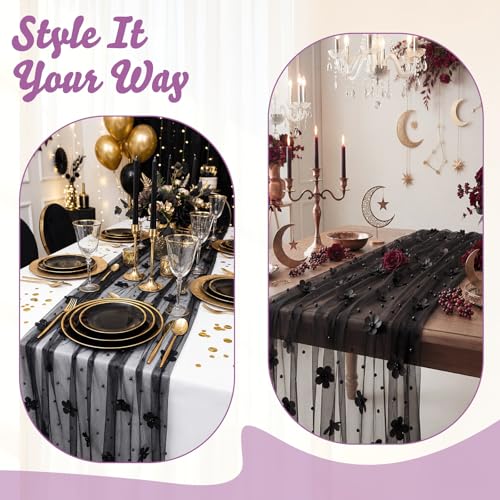 Black Pearl Tulle Table Runner - 6 Pcs 29x120 Inch Gothic Wedding Decor