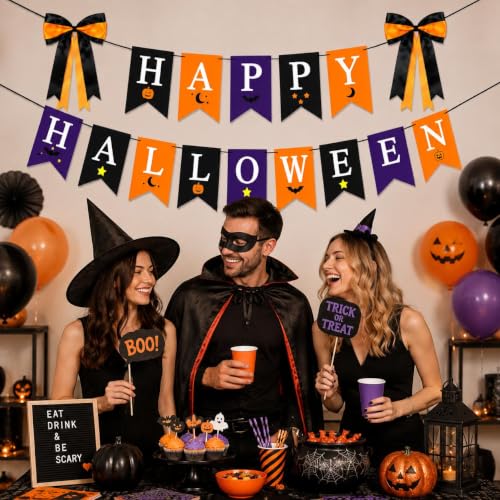 Halloween Banner Set with Double-Layer Satin Bows and Cardstock Pennants