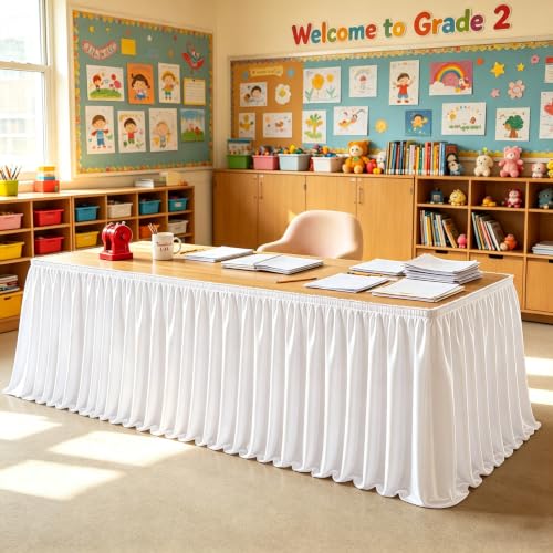 17ft Satin White Table Skirt for Rectangular Tables - Wrinkle-Resistant Party & Event Decor - White / 204" x 30"