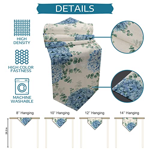 Farmhouse Eucalyptus Blue Hydrangea Linen Table Runner 13x72 Inch - Washable Non-Slip Decor