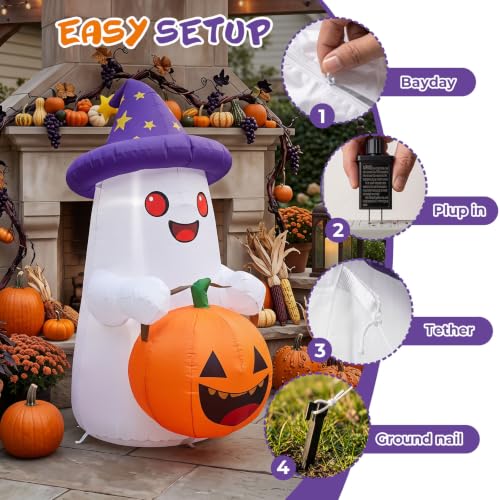 5 FT Inflatable Ghost with Pumpkin Halloween Decor LED Lights Outdoor Indoor