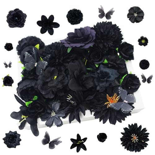 Black Artificial Flowers Bulk - Mini Silk Flower Heads for DIY Crafts, Wedding, Party & Home Decor - Variation: Black