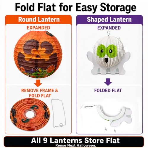 Halloween Paper Lanterns Set with 3D Shapes and Spooky Patterns - Indoor Outdoor Decor