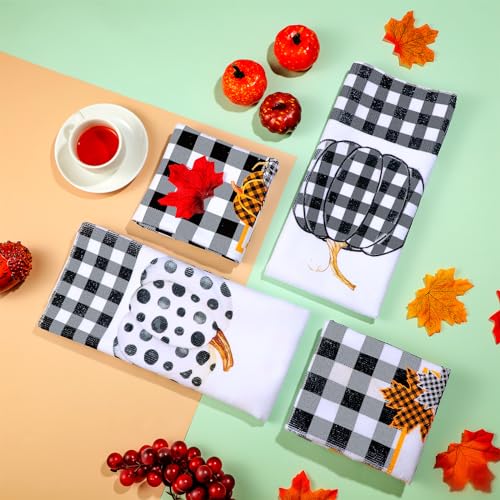 Fall Kitchen Towels Set - 4 Plaid Black Pumpkin Hand Towels - Autumn Decor