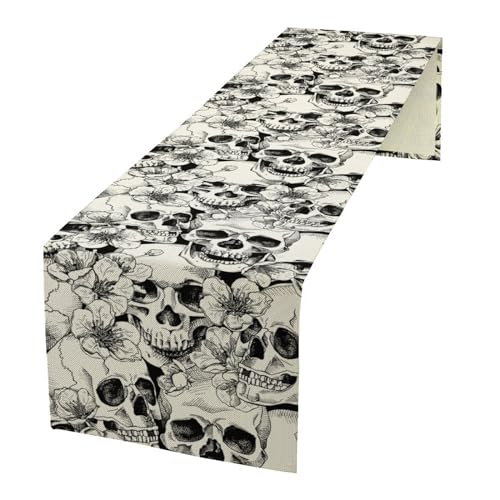 Gothic Table Runner White Skull Flowers Rose Pattern - 13x36in - Farmhouse & Wedding Decor