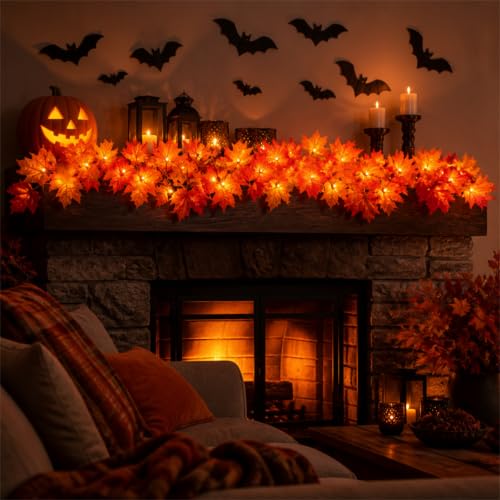 9FT Plug-in Fall Garland with 50 Orange Incandescent Lights - Connectable Indoor Outdoor Decor - 1 Pack
