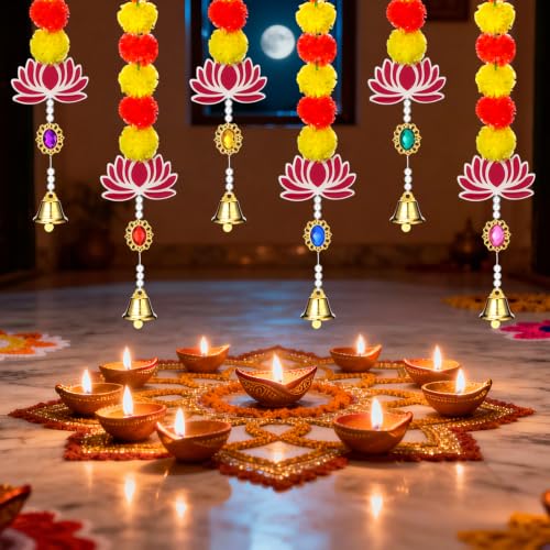 Artificial Marigold Garland with Lotus and Bells - Diwali Festival Decor Set of 6
