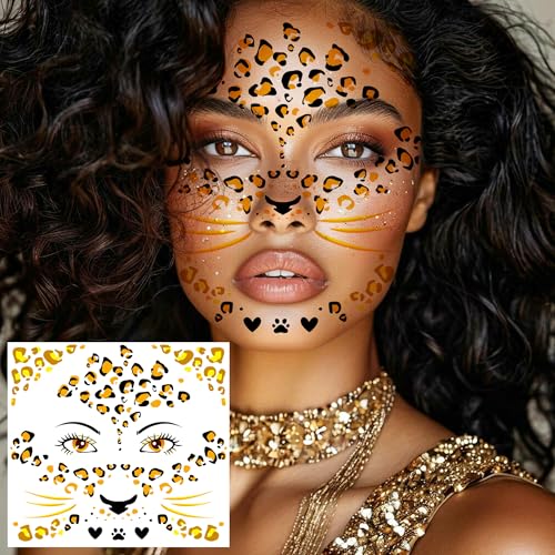 Gold Leopard Metallic Temporary Tattoos Set - Face & Body Glitter Stickers, Halloween & Cosplay