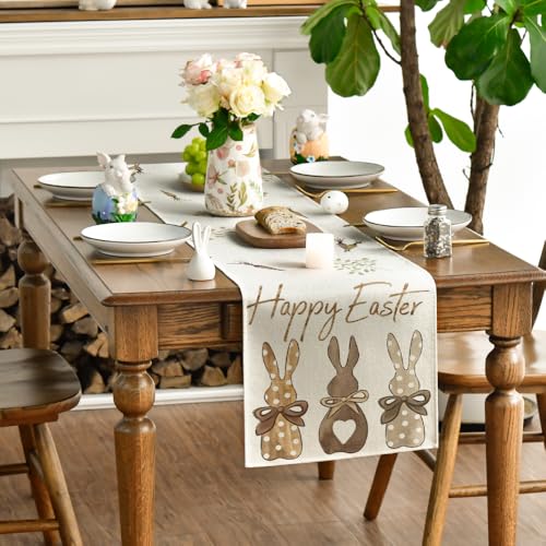 Easter Bunny Table Runner 13 x 90 Inch - Spring Summer Holiday Kitchen Decor Beige