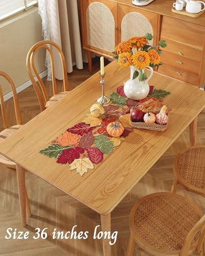 Fall Table Runner with Embroidered Maple Leaves - 36 Inches Long - Red & Green