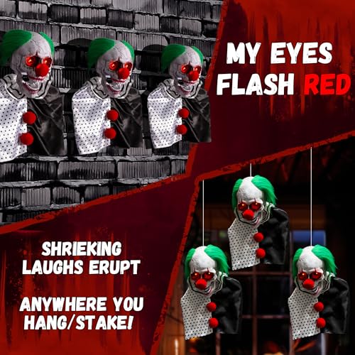 Halloween Animatronics Clown Pathway Markers - Floating Scary Skull, Light Up Eyes, Sound Activated, 3-Pack - Indoor & Outdoor Haunted Decorations