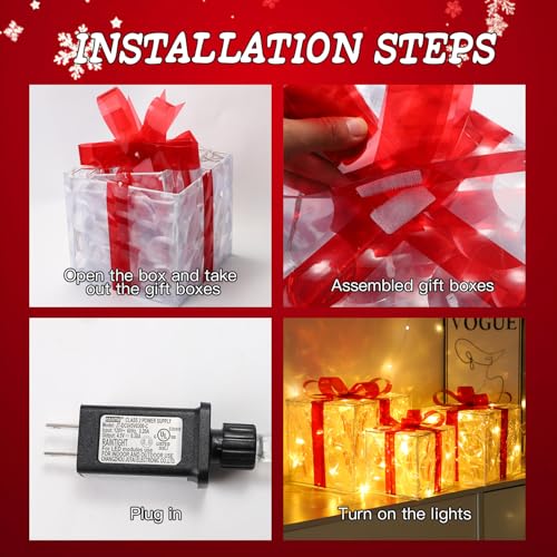 Light Up Christmas Gift Boxes Set of 3 with Warm White LEDs - Indoor Outdoor Holiday Decor