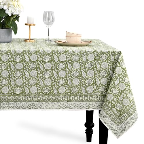 Olive Bloom 60x60 Inch Cotton Block Print Square Tablecloth - Indian Floral Design