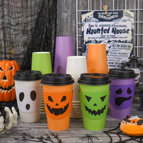 Halloween Coffee Cups 16oz with Lids & Sleeves - Ghost Design, 48 Sets