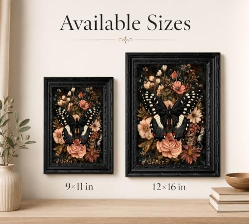 Black Gothic Butterfly Canvas Wall Art - Framed 16x12 Inches - Dark Decor