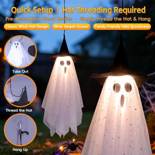 Yellow 3 Pack Halloween Ghost Decorations with Witch Hats & LED Lights Outdoor Decor