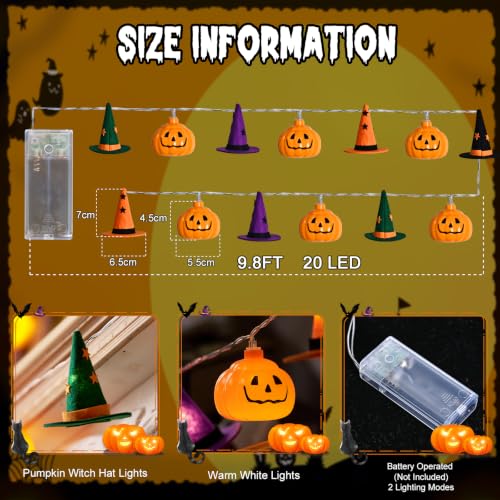 Halloween String Lights with Pumpkin & Witch Hat Decor - 9.8FT, 20 LEDs, Battery Operated, Two Modes - Pumpkin Witch Hat Lights