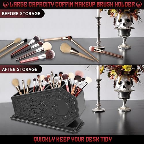 Gothic Coffin Makeup Brush Holder - Black Skull Pen Organizer for Vanity & Desk