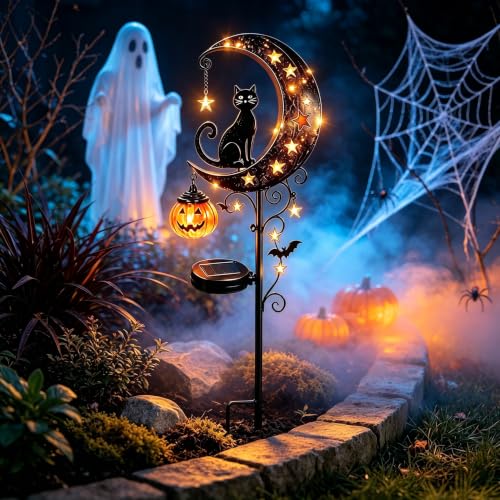 Solar Halloween Garden Stake Light with Black Cat and Pumpkin Lantern