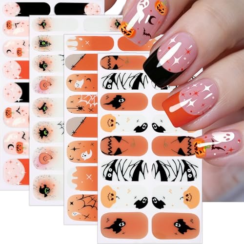 Halloween Glow-in-The-Dark Nail Wraps - Ghost & Pumpkin French Tips, 4 Sheets, Style 10
