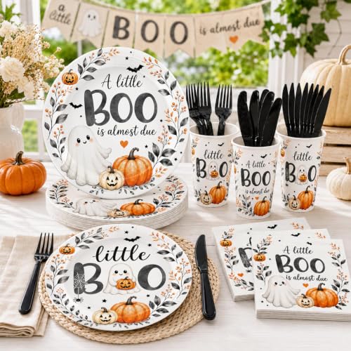 Halloween Baby Shower Tableware Set - 24 Plates Cups Napkins Cutlery