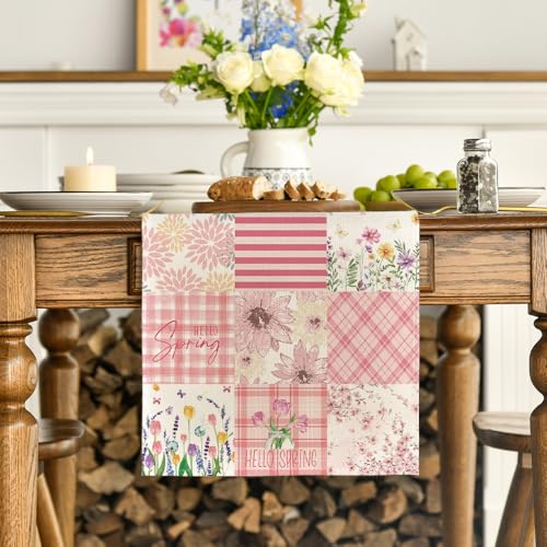 Pink Tulip Dahlia Floral Table Runner 13x120 Inch for Spring & Summer Dining