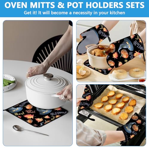 Halloween Pumpkin Autumn Maple Leaf Oven Mitts and Pot Holders Set - Heat Resistant Kitchen Baking & Grilling 4Pcs