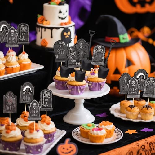 Halloween Cupcake Toppers with Tombstone Graveyard Design - 48 Pcs Cake Decorations with Shovel Spoons