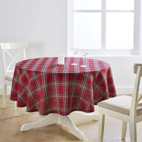 Round Linen Tablecloth 60 Inch Red Tartan Plaid - Classic Home Decor