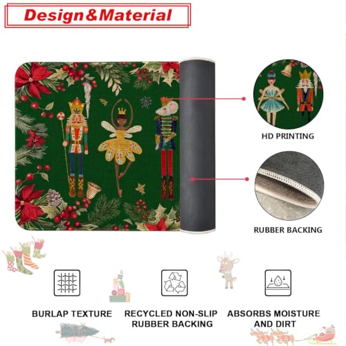 Nutcracker Green Christmas Kitchen Rugs Set of 2 - Door Mat & Runner, Holiday Home Decor