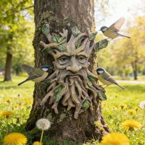 Whimsical Tree Face Garden Decoration - Outdoor Wall Mount Sculpture with Leaf Features