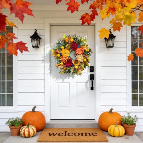 Pinkpuii 24 Inch Fall Harvest Wreath for Front Door - Red Peony Variation