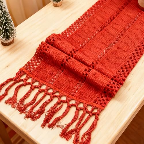 Christmas Table Runner 12 x 108 Inches Red Tassel Rustic Cotton Linen Holiday Decor