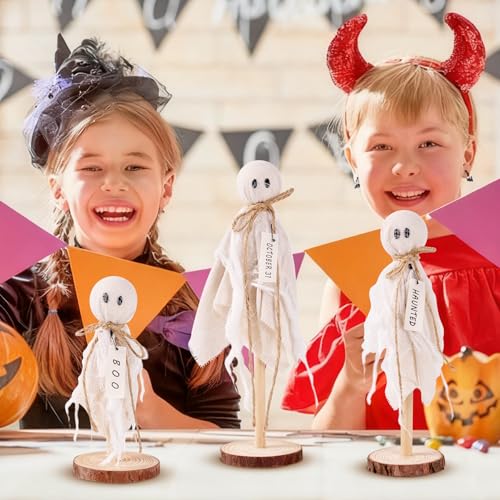 Halloween Ghost Decorations Indoor Set of 3 Rustic Wooden Stand Spooky Table Centerpieces