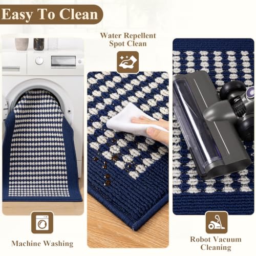 Navy Checkered Kitchen Mat Set - 3 Piece Washable Floor Rugs, Non-Slip, Pet & Kid Friendly