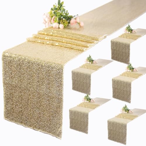 Champagne Gold Sequin Table Runner 12x120 Inches Pack of 6 for Holiday & Wedding Decor Variation of Champagne Gold / 12"W x 120"L