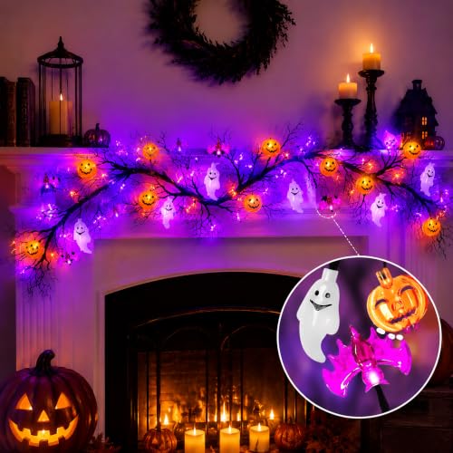 Halloween Garland with Lights Pumpkin Bat Ghost Indoor Decor - 8 Modes, Timer, 6.3FT