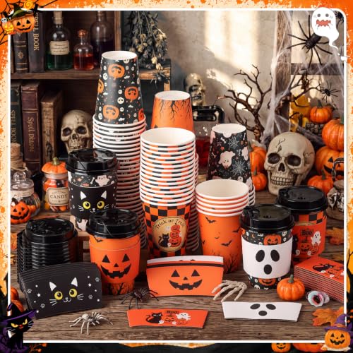 Umigy 100 Pack Halloween Disposable 12oz Coffee Cups with Lids & Sleeves - Classic Style
