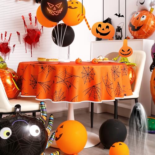 Orange 60-Inch Waterproof Spider Web Halloween Tablecloth - Round, Washable Party Decor