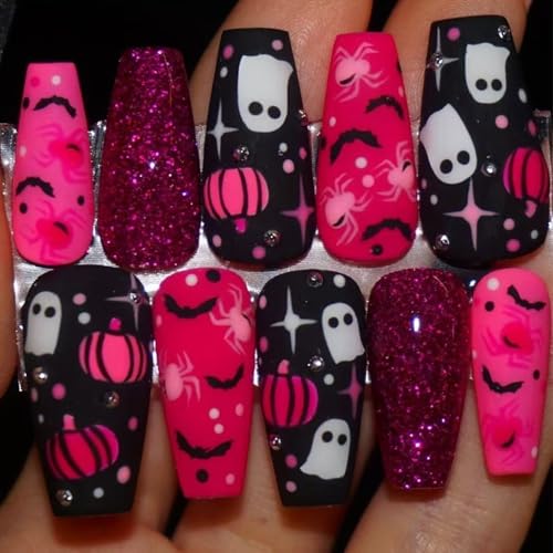 Halloween Press On Nails Medium Coffin Fake Nails with 3D Rhinestones and Spiders - Variation of Halloween Nails-5