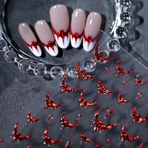 Halloween Bat Nail Stickers - 5D Embossed Red Bats & Holographic Glitter - Style-13