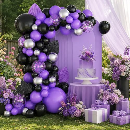 Black Purple Balloons Arch Kit - Metallic Silver Confetti Balloon Party Decorations - Variation: Purple Black
