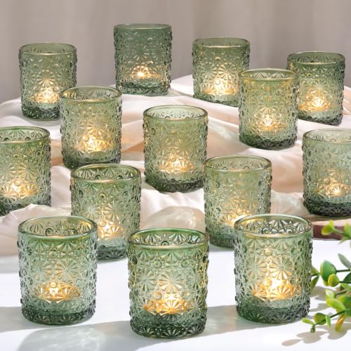 Green Votive Candle Holders Set of 36 - Floral Pattern Tea Light Holders for Weddings and Home Decor - 2.2 x 2.6 Inches