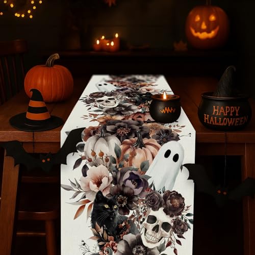 Halloween Ghost Skull Table Runner 13 x 108 Inches - Holiday Burlap Decor