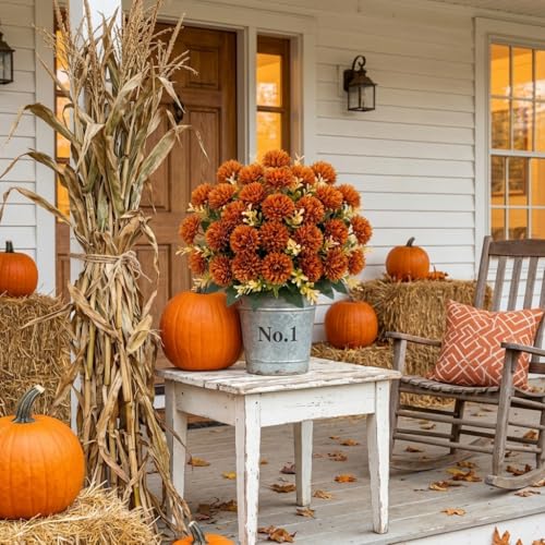 Artificial Fall Flowers - Burnt Orange Faux Mums for Outdoor Decor, 24 Heads