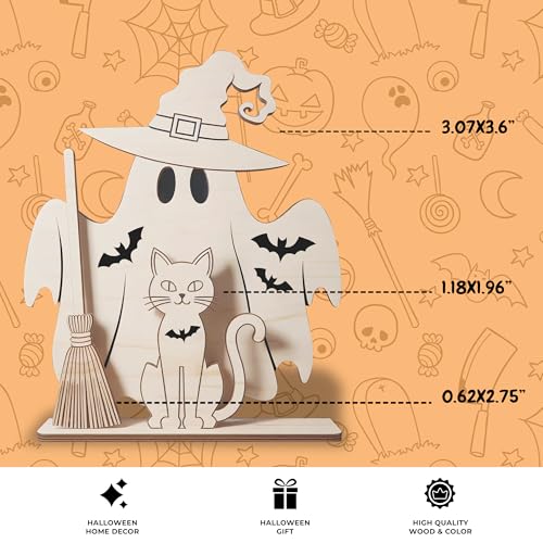 Wooden Ghost Cat Halloween Centerpiece Decor with Broom & Bats - Indoor Festive Table Decor - Ghost Witch & Cat Variation