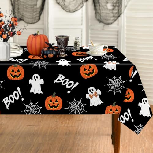 Halloween Tablecloth 60x84 Inch Rectangular - Black Ghosts & Pumpkins, Durable Polyester